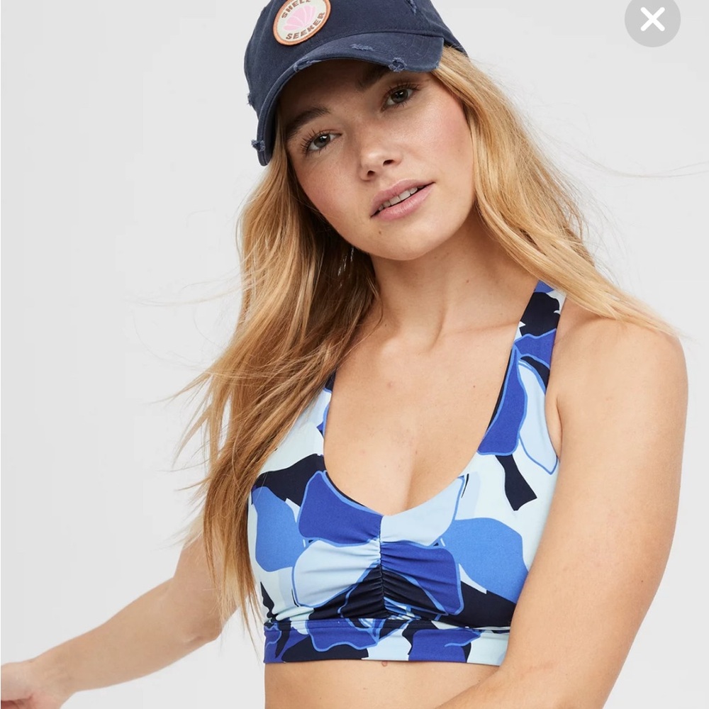 OFFLINE By Aerie Real Me Ruched Sports Bra Blue Breeze size medium